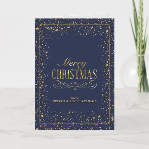 Gold Merry Christmas Typography  Gold Stars Frame Holiday Card