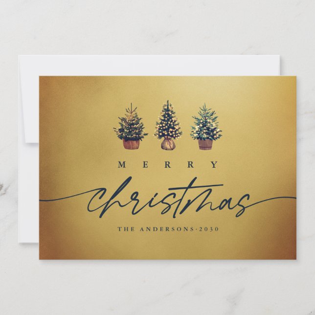 Gold Merry Christmas Watercolor Tree Green Script  Holiday Card (Front)