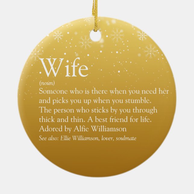 Gold Merry Christmas Wife Definition Snowflakes  Ceramic Ornament (Back)