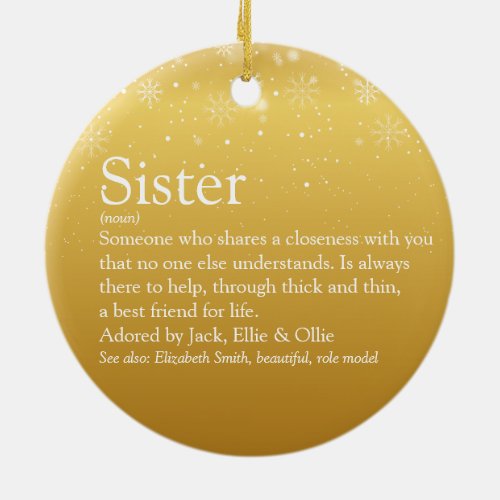 Gold Merry Christmas Worlds Best Sister Definition Ceramic Ornament