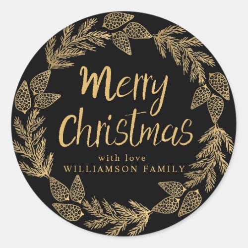 Gold Merry Christmas Wreath Black Envelope Seal