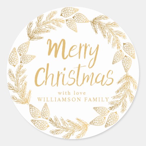 Gold Merry Christmas Wreath White Envelope Seal