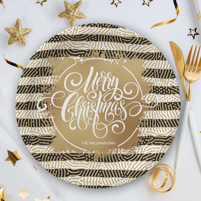 Gold Merry Christms Black White Stripes Paper Plates (Creator Uploaded)