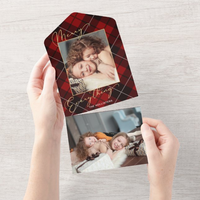 Gold Merry Everything Calligraphy Red Plaid Photo All In One Invitation (Tearaway)