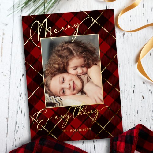 Gold Merry Everything Calligraphy Red Plaid Photo Foil Holiday Card