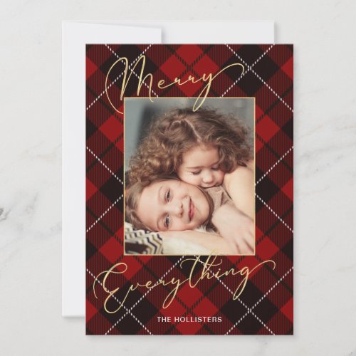 Gold Merry Everything Calligraphy Red Plaid Photo Holiday Card