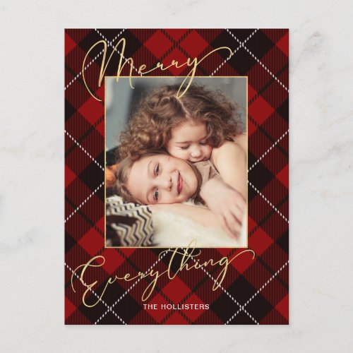 Gold Merry Everything Calligraphy Red Plaid Photo Holiday Postcard