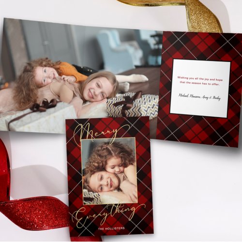 Gold Merry Everything Calligraphy Red Plaid Photo Tri_Fold Card