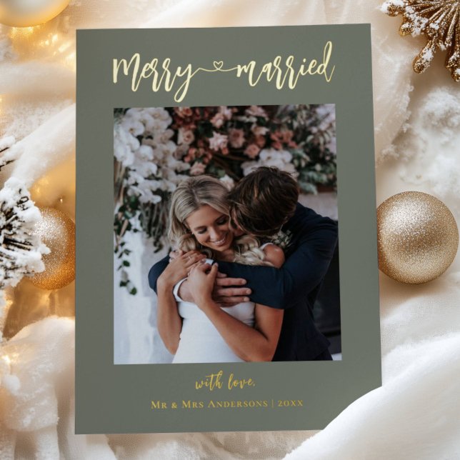 Gold Merry & Married 2 Photos First Christmas Foil Holiday Card (Creator Uploaded)