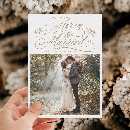 Gold Merry  Married First Christmas Photo Holiday Card