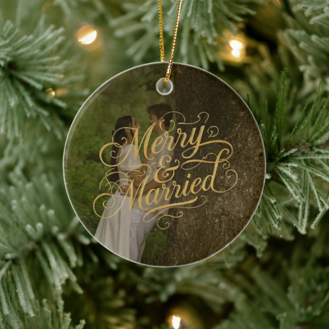 Gold Merry & Married First Christmas Photo Holiday Ceramic Ornament (Tree)