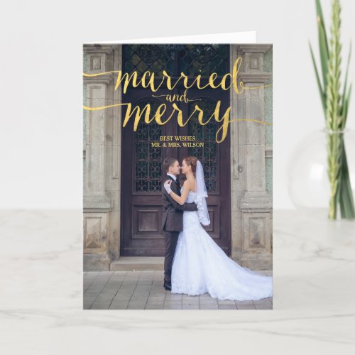 GOLD MERRY  MARRIED  HOLIDAY PHOTO GREETING CARD