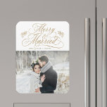 Gold Merry & Married Newly Weds Christmas Photo Magnet<br><div class="desc">Elegant and romantic swirly calligraphy lettering with pinecone twigs and a photo. For more advanced customization of this design,  please click the BLUE DESIGN TOOL BUTTON above!</div>