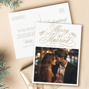 Gold Merry & Married Newly Weds Christmas Photo Postcard