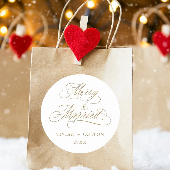 Gold Merry & Married Newly Weds First Christmas  Classic Round Sticker (Creator Uploaded)