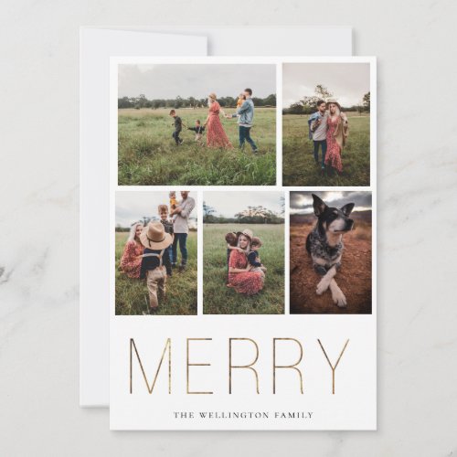 Gold MERRY Modern Photo Collage Holiday Card