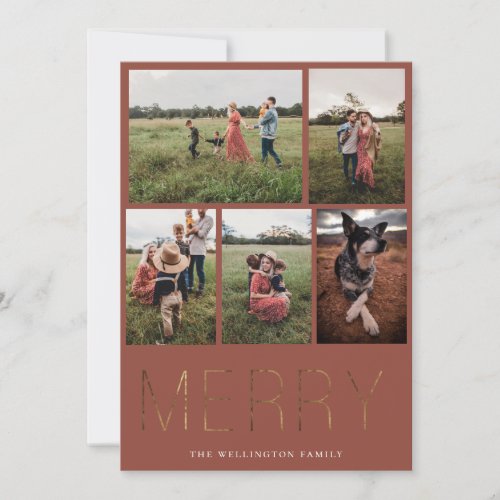 Gold MERRY Modern Photo Collage Holiday Card Red