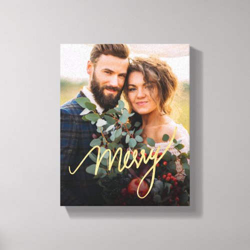 Gold Merry Newlywed First Christmas Wedding Photo Canvas Print