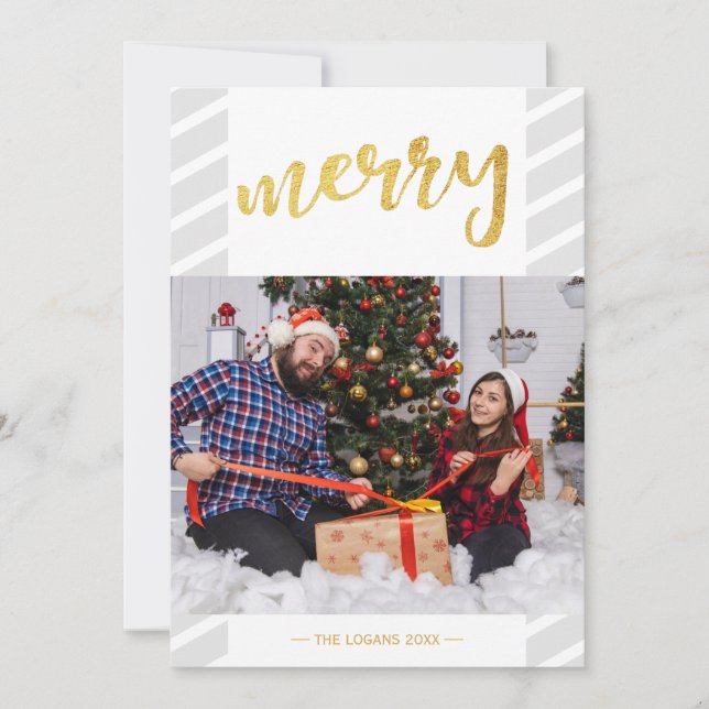 Gold Merry Photo Collage Gray Stripes Christmas Holiday Card (Front)
