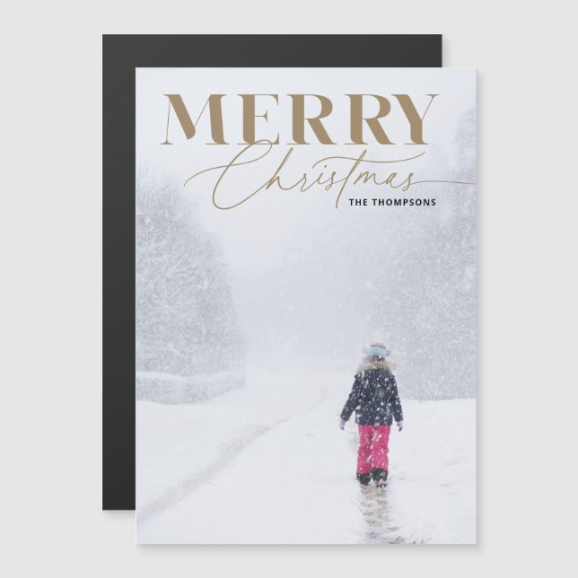 Gold Merry Script Serif Christmas Portrait Photo Magnetic Invitation (Front/Back)