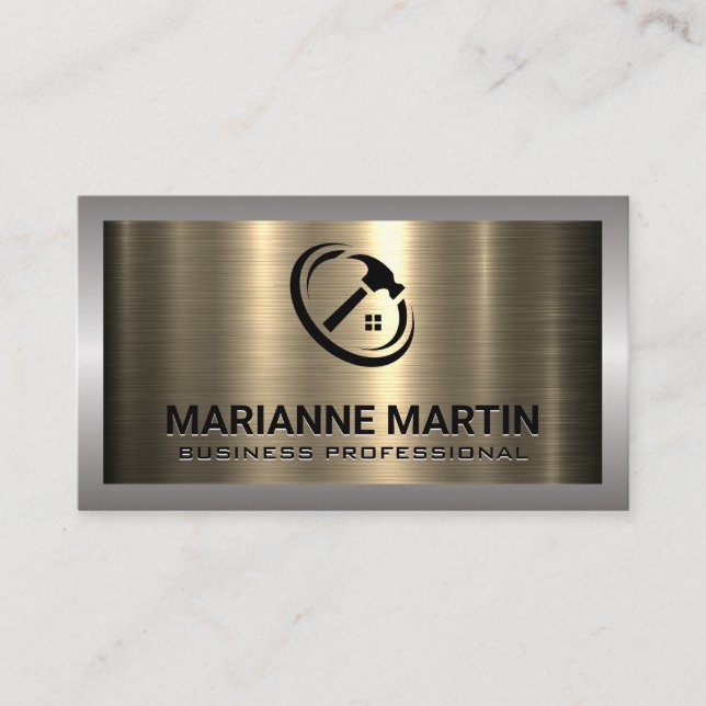 Gold Metal Aluminum Brushed | Home Hammer Logo Business Card (Front)