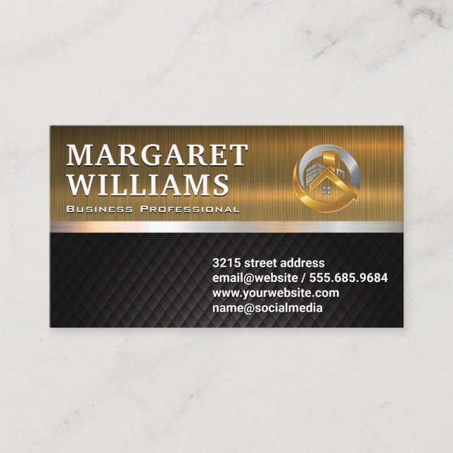Gold Metal | Black Tile | Real Estate Logo Business Card (Front)