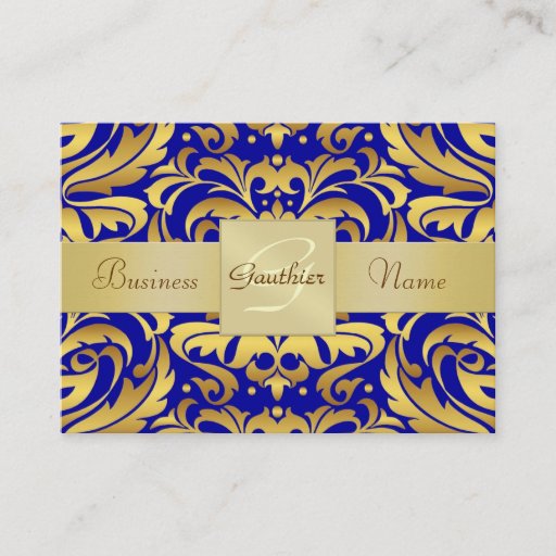 Customizable Gold Metal Blue Damask Pattern Business Card
