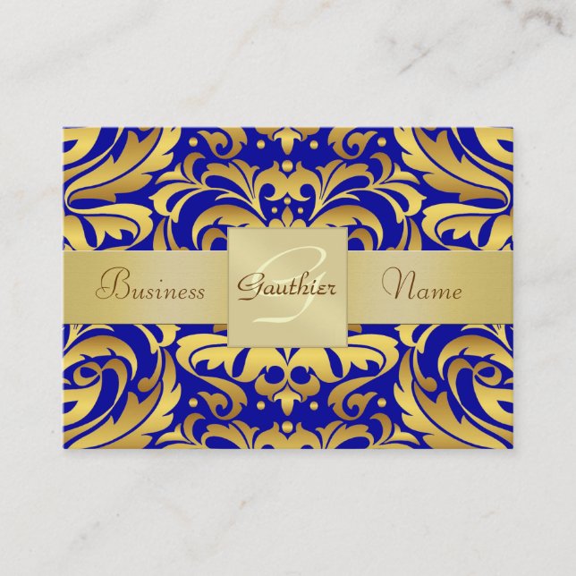 Gold Metal Blue Damask Pattern Business Card (Front)