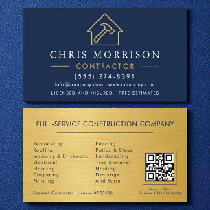 Gold Metal Building Construction QR Code Navy Blue Business Card