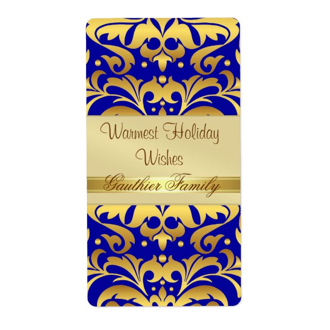 Gold Metal Damask BLue Holiday Wine Label (Front)