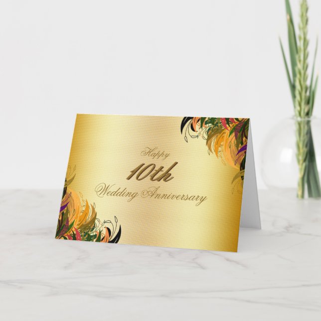 Gold Metal Floral Happy 10th Wedding Anniversary Card (Front)