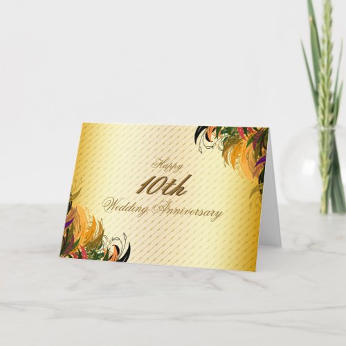 Gold Metal Floral Happy 10th Wedding Anniversary Card