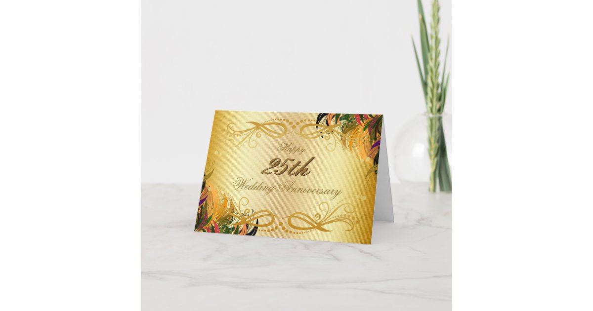 Gold Metal Floral Happy 25th Wedding Anniversary Card Zazzle Com