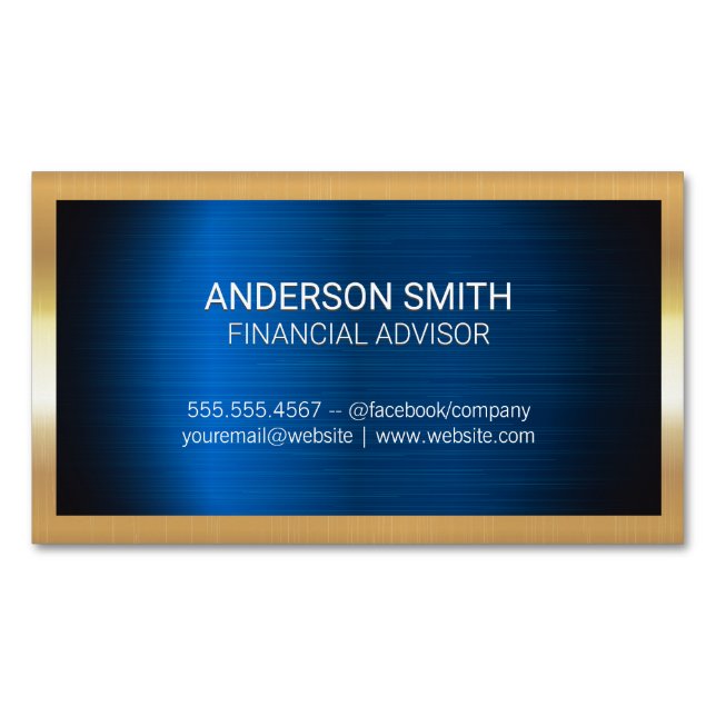 Gold Metal Frame | Blue Metal Background Business Card Magnet (Front)