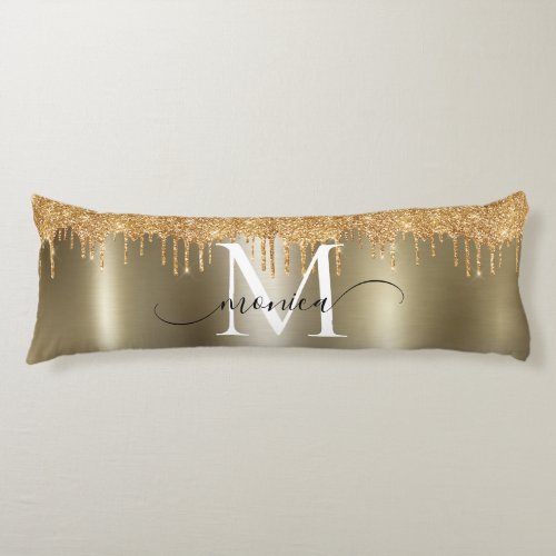 Gold Metal Glitter Drips Monogram Name Body Pillow