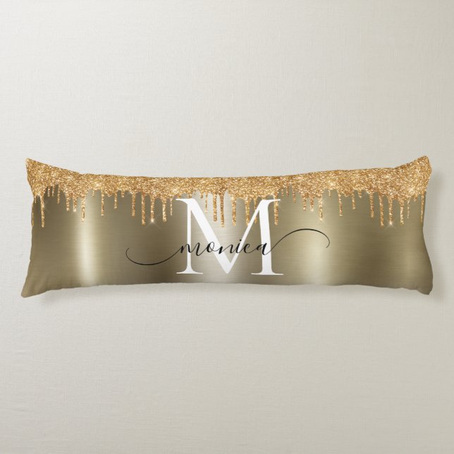 Gold Metal Glitter Drips Monogram Name Body Pillow (Front)
