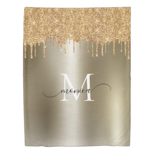 Gold Metal Glitter Drips Monogram Name Duvet Cover