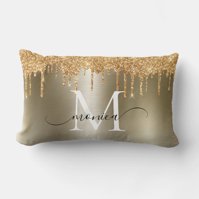 Gold Metal Glitter Drips Monogram Name Lumbar Pillow (Front)