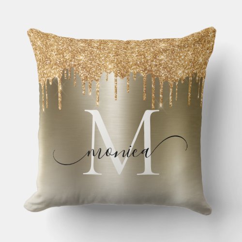 Gold Metal Glitter Drips Monogram Name Throw Pillow