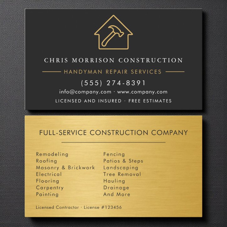 Gold Metal Handyman Construction Black Business Card