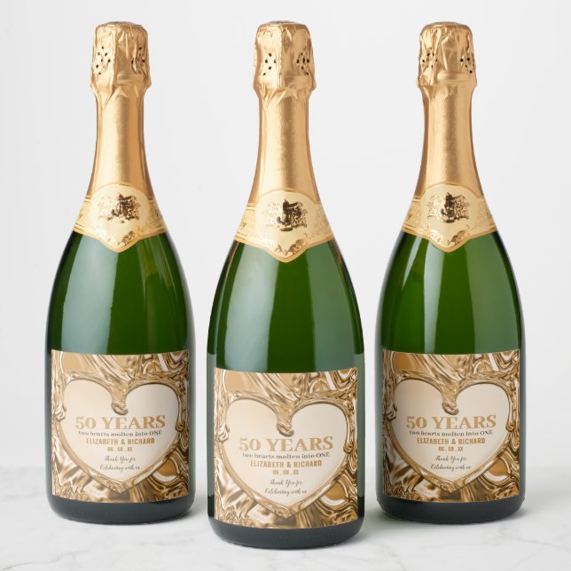 Gold Metal Heart 50th Wedding Anniversary Sparkling Wine Label (Bottles)
