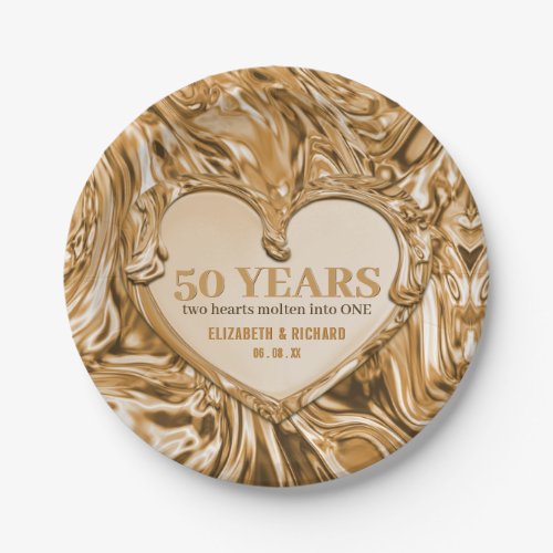 Gold Metal Heart Wedding Anniversary Paper Plates