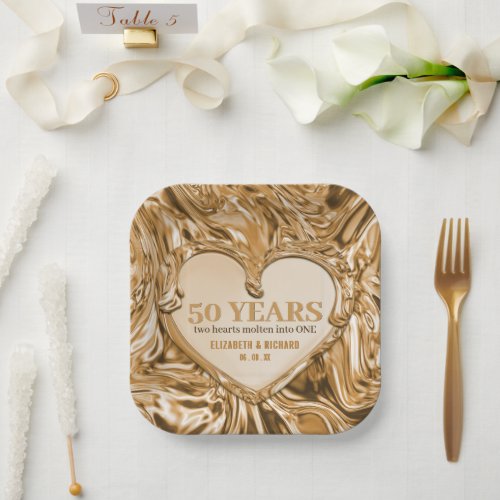 Gold Metal Heart Wedding Anniversary Paper Plates