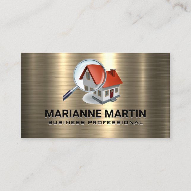 Gold Metal | Magnifying Glass Home Logo Business Card (Front)