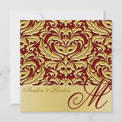 Gold Metal Monogram Damask Wedding Invitation