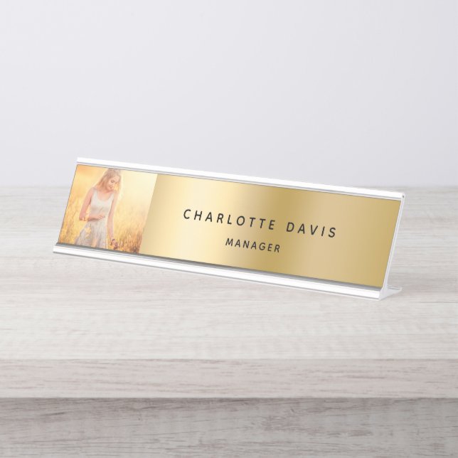 Gold metal photo employee monogram modern desk name plate (Front)