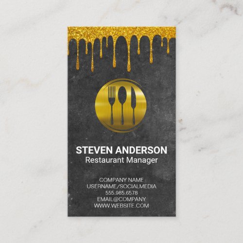 Gold Metal Silverware  Slate Gold Drip Business Card