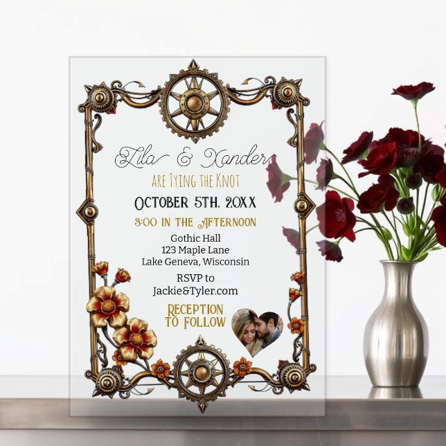 Gold Metal Steampunk Flowers and Photo Wedding Acrylic Invitations (Creator Uploaded)