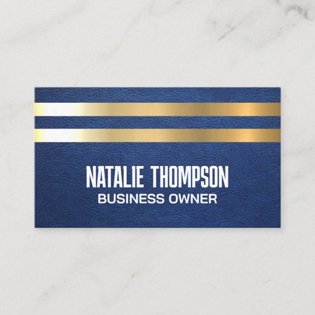 Gold Metal Stripes | Blue Leather Business Card (Front)
