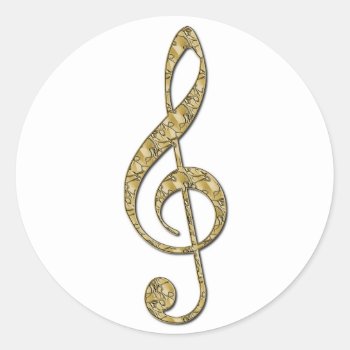 Gold Metal Treble Clef Classic Round Sticker by inkles at Zazzle